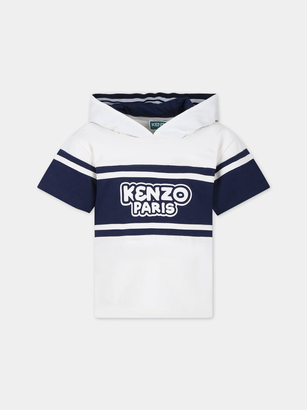 White t-shirt for boy with hood and logo